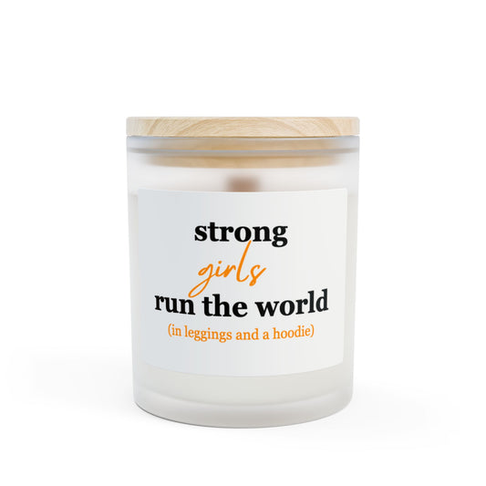Strong Girls Run the World | Wooden Wick Soy Candle, Frosted Glass Empowerment Home Decor Gift for Women